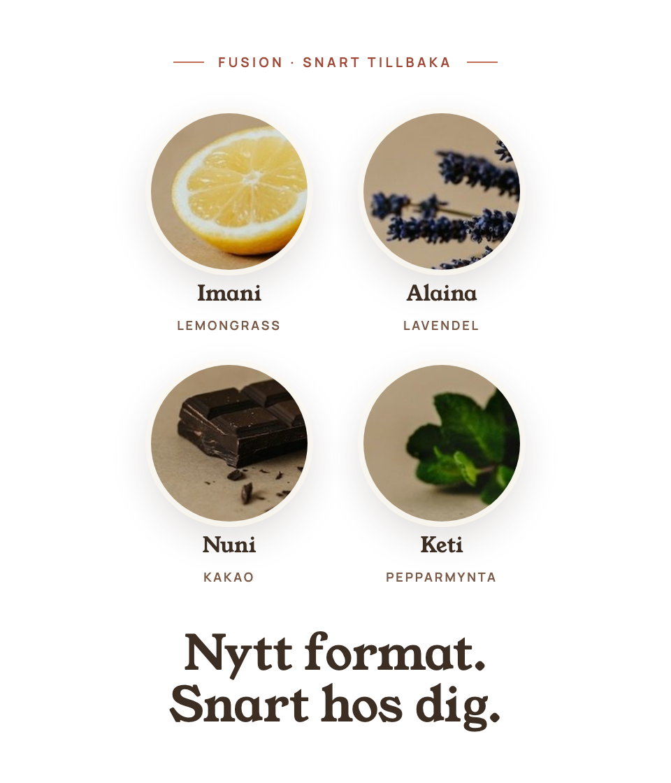 Imani, Alaina, Nuni och Keti. Lemongrass, lavendel, kakao och pepparmynta. Nytt format, snart hos dig.